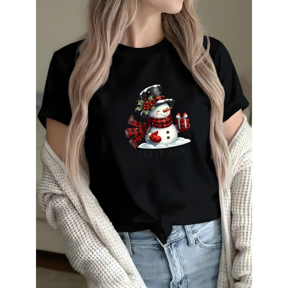 WomenS Christmas TShirt with Cute LET IT SNOW SnowUnisex Holly Print Sleeve Crew Neck Harajuku Short Sleeve Casual