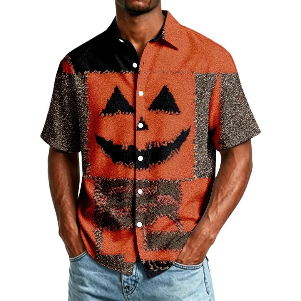 Herren Freizeithemd Kurzarm Button-Down Halloween-Print Leichter atmungsaktiver Stoff Locker geschnittenes Hemd für den Alltag