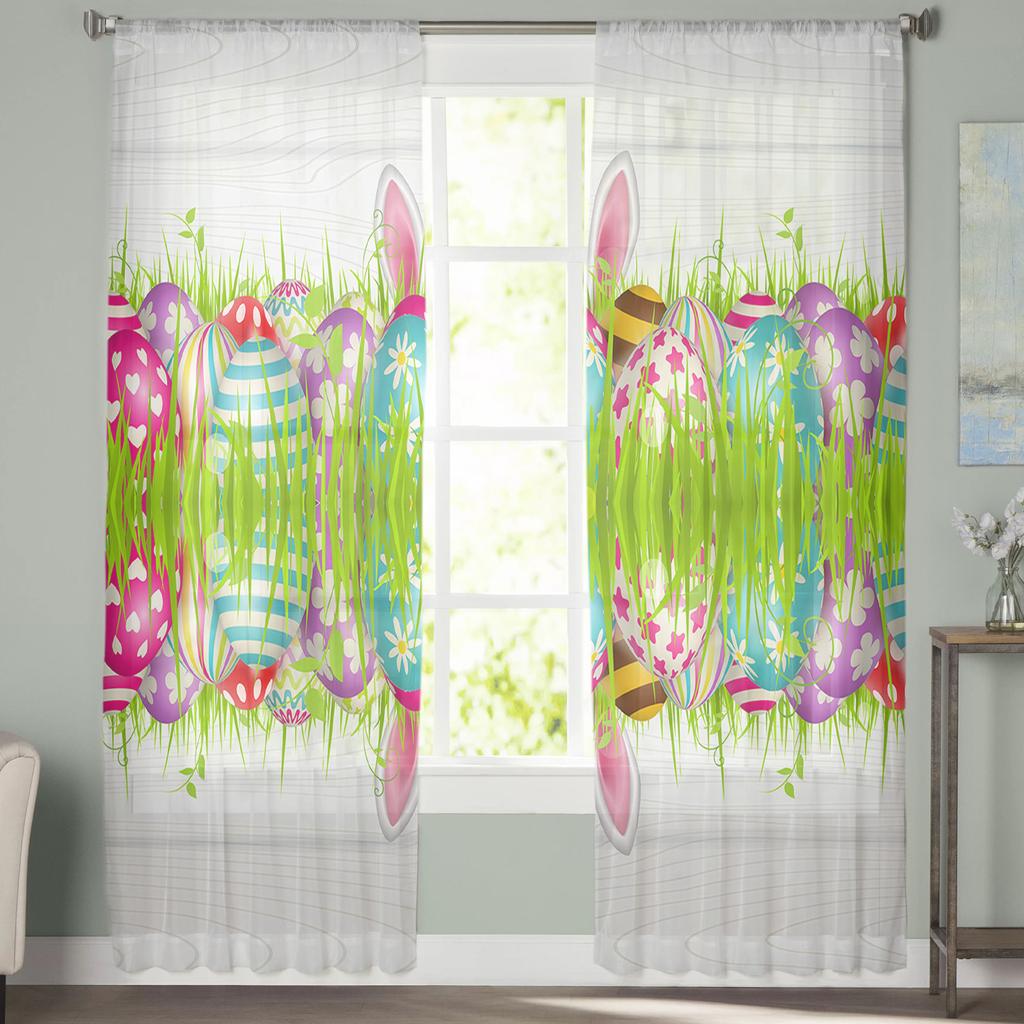 Easter Eggs Grass Rabbit Ears Sheer Tulle Window Curtains For Living Room Bedroom Kitchen Veiling Curtain Home Decoration