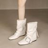 Autumn and winter new round head soft leather thin boots inner height increase short boots women's metal buckle temperament high heel white boots