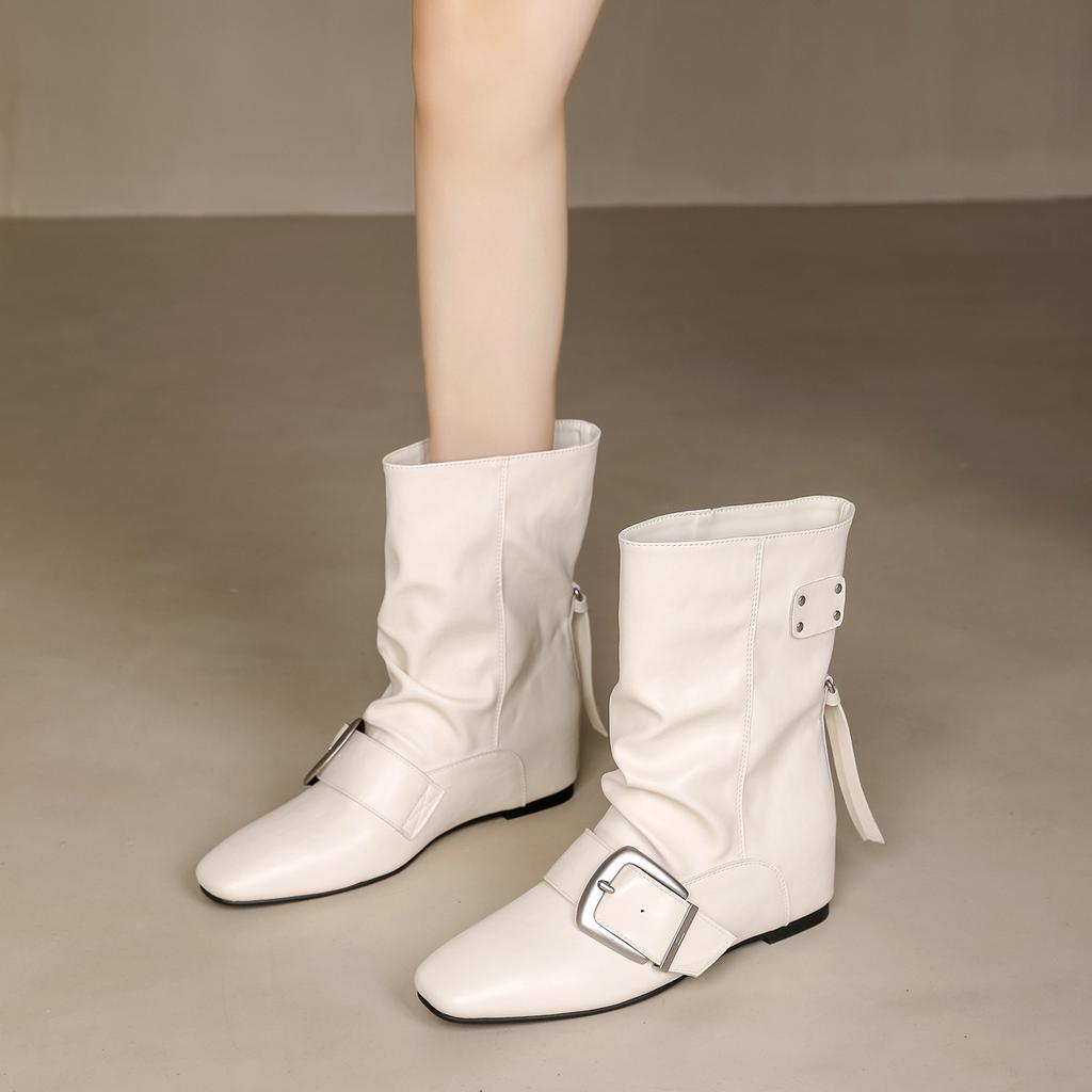 Autumn and winter new round head soft leather thin boots inner height increase short boots women's metal buckle temperament high heel white boots