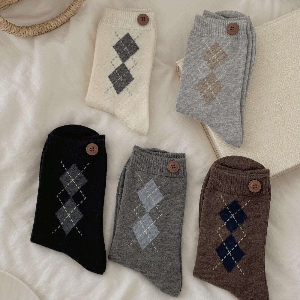 Winter Warm and Thick Small Diamond-shaped Button Wool Mid-calf Socks for Women's Autumn School Style Pile Socks