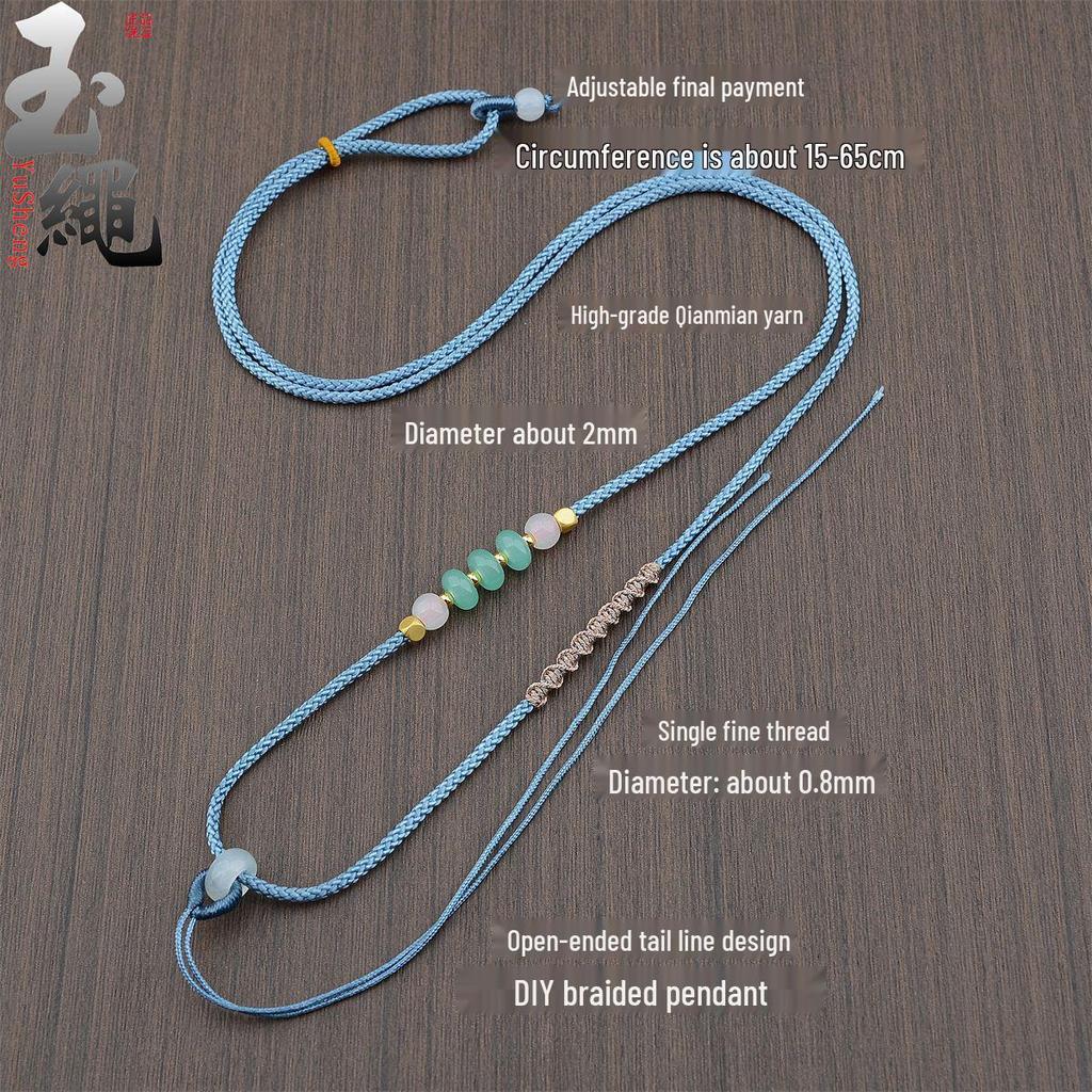 Handwoven Adjustable Jade Pendant Lanyard Necklace - Thin Gold Rope Style