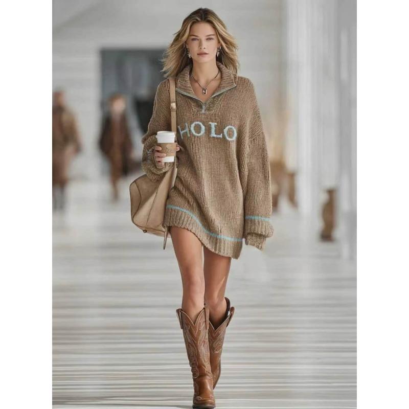 Autumn and winter popular new women's loose letter jacquard sweater zipper lapel mini knitted women's dress
