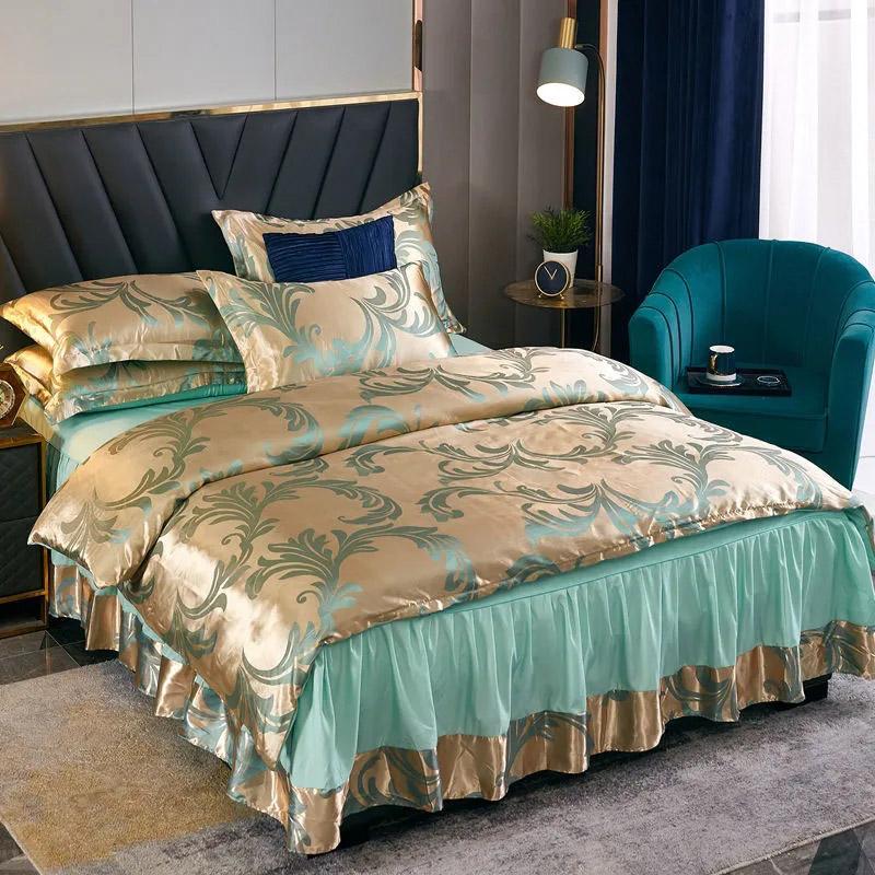 4 stk/sett Europeisk Jacquard Sengeskjørt Sengetøysett Fire Sesonger Laken Dynetrekk Sommer Issilke Dobbeltseng Bryllup Lett Luksus Fire Deler Sett