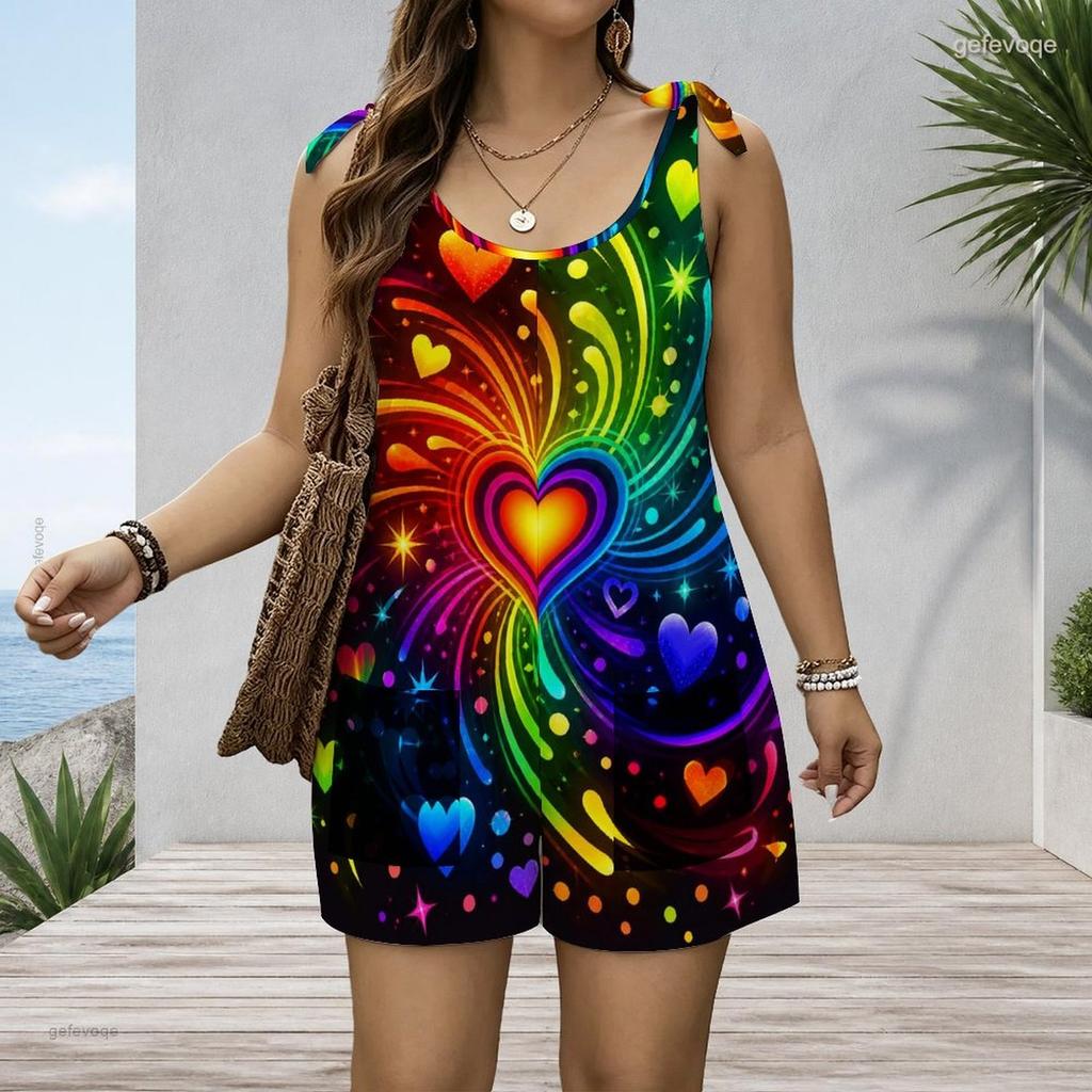 Women Plus Size Crew Neck Tank Romper Tropical Leaf Botanical Print Jumpsuit Shorts