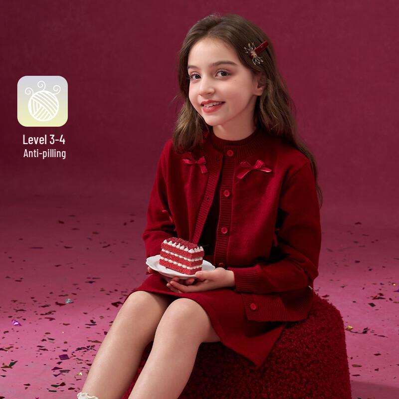 Girls  Red Bow Knit Dress & Cardigan Set 140
