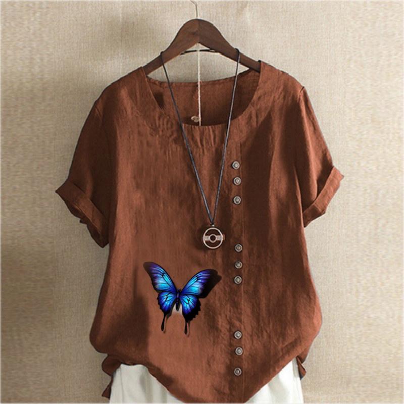 Camiseta de manga corta con cuello redondo para mujer, blusa informal de lino y algodón con estampado de mariposas, holgada y de verano
