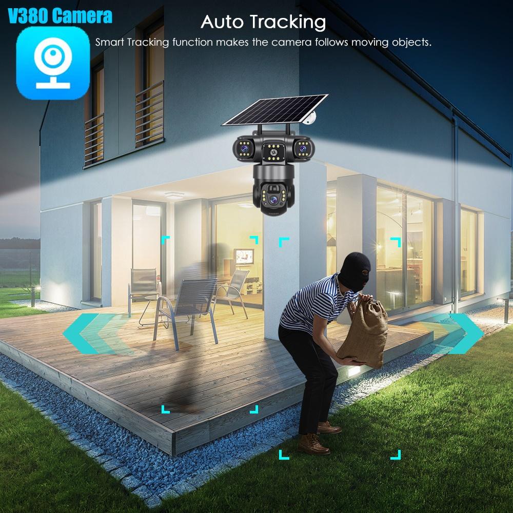 Triple-Lens Triple-Screen Solar HD Security Camera, 10x Zoom with PIR Human Detection Night Vision Recorder