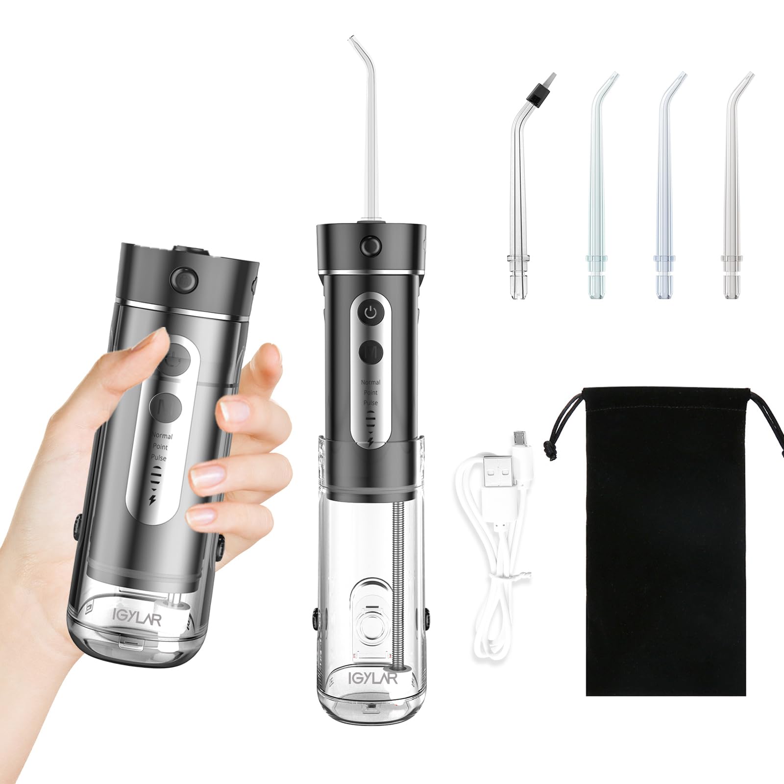 

IGYLAR Ультразвуковий іригатор для ротової порожнини 3 4 рівня інтенсивності IPX7 4 змінні насадки Сумка для зберігання в комплекті [2-річна гарантія] Іригатор, Професійний очищувач від стоматологів,