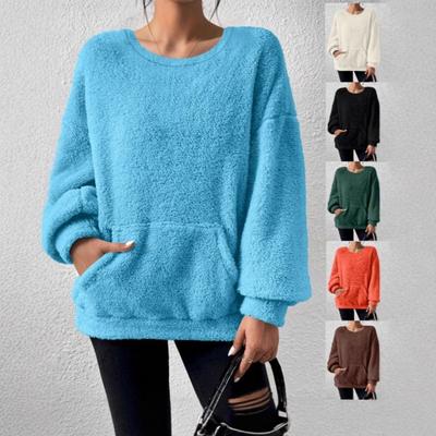 Women Fuzzy Sherpa Crew Neck Sweatshirt Long Sleeve Pocket Loose Casual Pullover Top