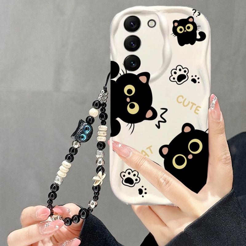 Coque de téléphone avec chaîne Chat Noir Pour Samsung Galaxy A56 A55 5G A15 A54 A16 A17 A07 A35 A26 A36 A06 A25 A34 S25 S24 Ultra S23 Plus FE