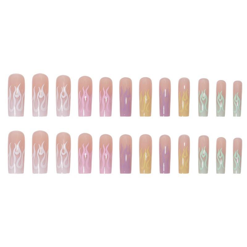 Flame Rainbow Press-On Nails Long Style INS Aesthetic Wearable Nail Tips With Glue Or Jelly Adhesive