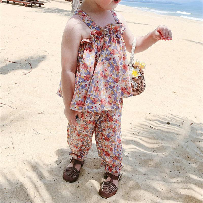 MAITA Summer New Girls' Set Flower Strap Top and Crop Pants