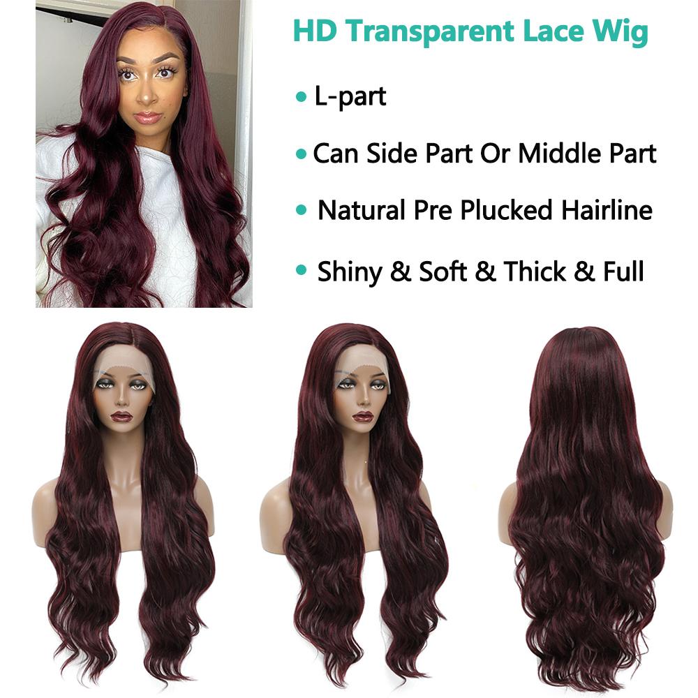SOKU Burgundy Synthetic Lace Front Wig For Women 30 Inch Long Body Wave Side Part Transparent Lace Wigs Heat Resistant Fiber