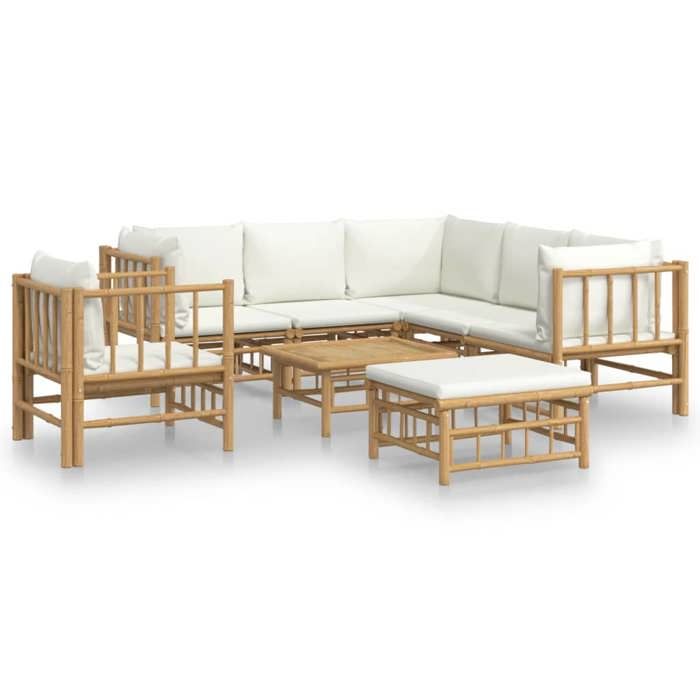 VidaXL Salon de jardin 8 pcs avec coussins blanc crème bambou, ensemble de salon, ensemble de salon extérieur 3155190