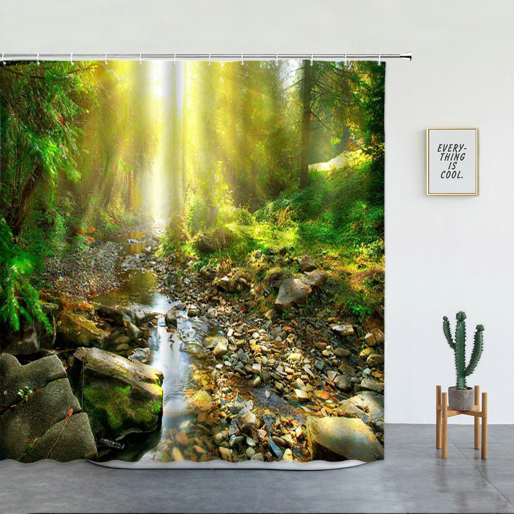 Tropischer Regenwald Landschaft Duschvorhänge Wald Wasserfall Schöne Naturszenerie Luxuriöse Badezimmer Dekoration Bildschirm Mit Haken