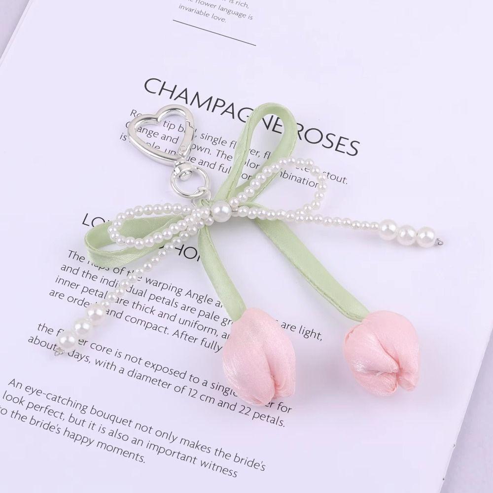 Handmade Tulip Pendant Cartoon Heart Bag Charm Trendy Pearl Tulip Keychain  Car Accessory