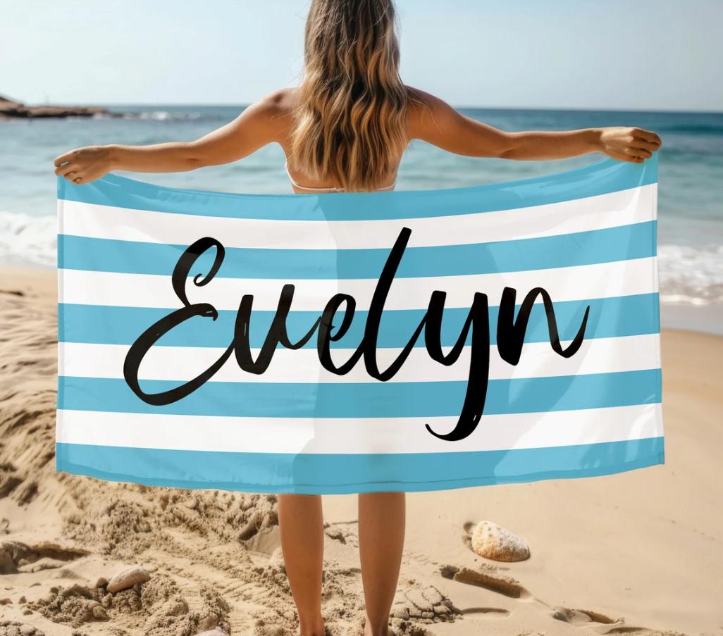 Stripe Name Beach Towel, Personalized Monogram Pool Towel, Signature Beach Towel For Kids, Vacation Gift, Picnic Towel 50x100cm