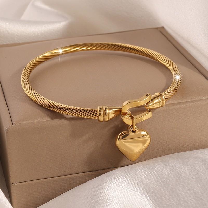 Gold Color Stainless Steel Heart Pendant Charm Bangle Bracelets For Men Women Jewelry Gift