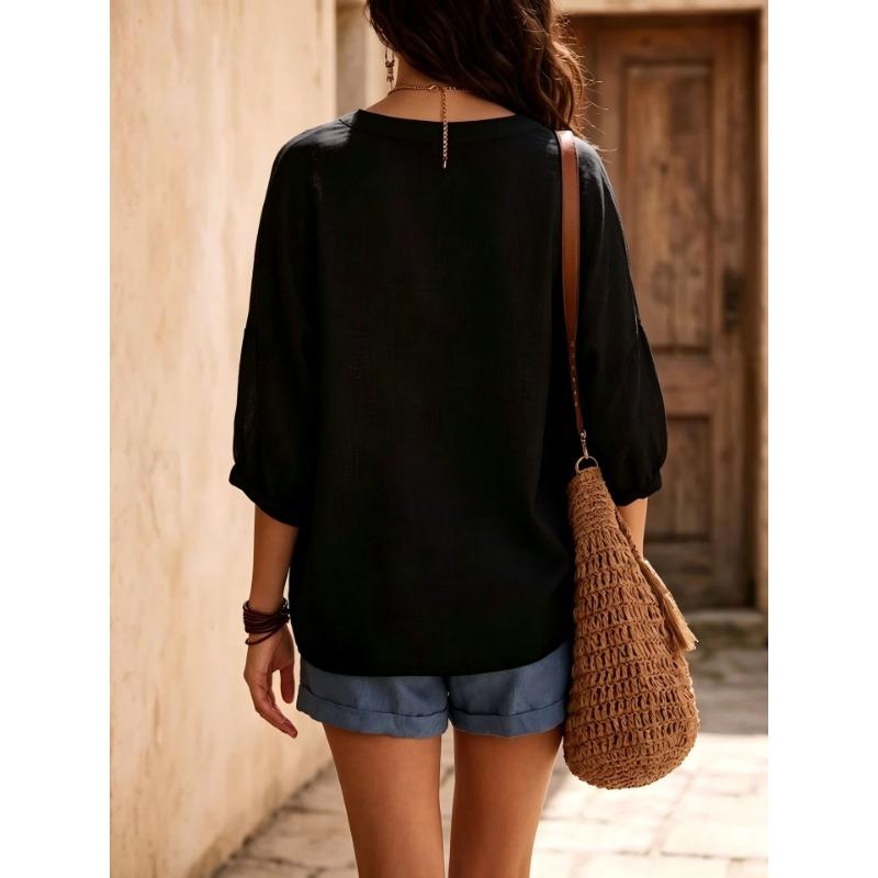 Women V Neck 3/4 Sleeve Linen Cotton Blouse Loose Casual Solid Color Summer Tops