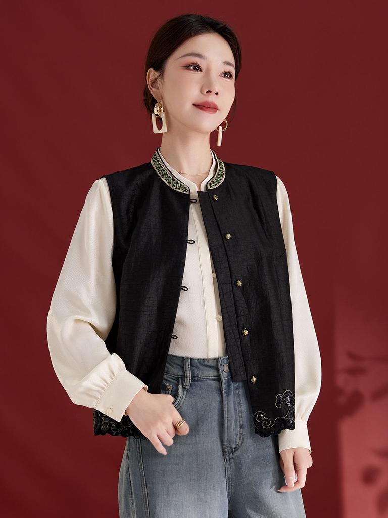 Verdant Shadows Tortoiseshell Sleeveless Vest: Heavyweight Mulberry Silk Xiangyun Yarn with Embroidery