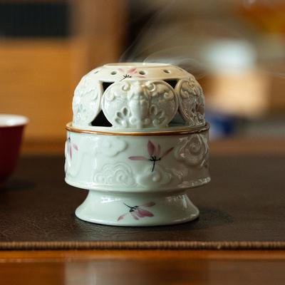 Hand Drawn Pink Orchid Five Blessings Xiangyun Incense Burner Ceramic Incense Burner Agarwood Sandalwood