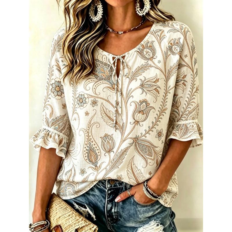 Women's Sunflower Paisley Print Tie Front Blouse, Casual Loose Top for Spring Summer Daily Wear