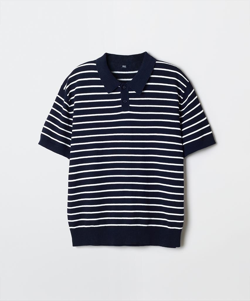 Seupao [100% Cotton] Collared Neck Striped Short Sleeve Knit_Spkwg25M03