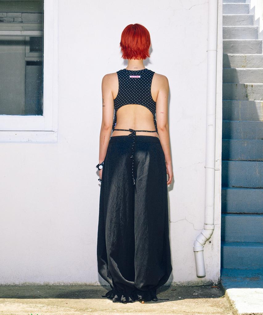 Haitaideupeulaengki Lace Hem Wide Pants Black