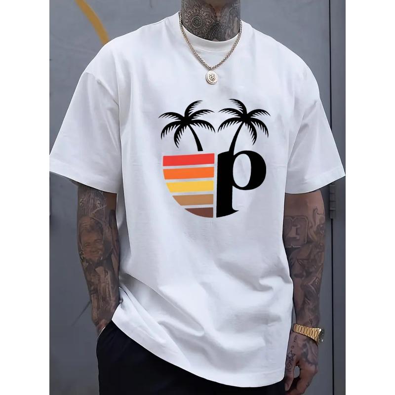 European Size Men's Crew Neck T-Shirt Black Palm Tree and Letter P Print Casual Summer Wear