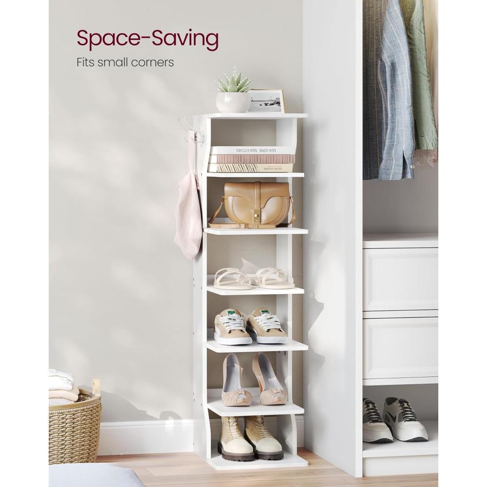 7-Tier Vertical Shoe Rack, Narrow Shoe Storage Organizer with Hooks, Slim Corner Shoe Tower Rack, Space Saving for Entryway