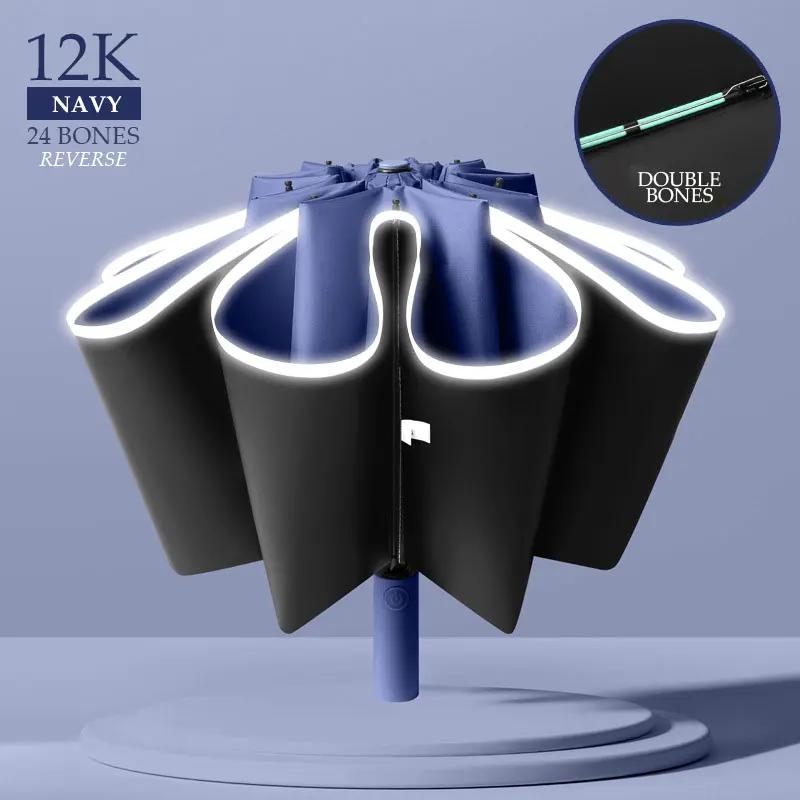 Parapluie UV pliable inversé entièrement automatique avec bande réfléchissante coupe-vent Parapluies UV