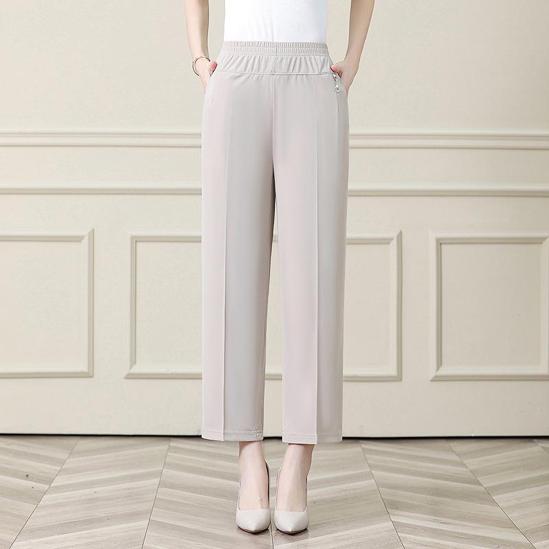 Summer Ice Silk Elastic Waist Pants for Middle-aged Women: Stretchy, Straight-leg Casual Wear for Comfort.