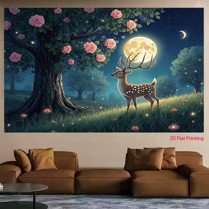 2D Magical Night Deer Backdrop Moonlight Forest Photography Background