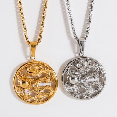 Colar com pingente de prata banhado a ouro hip hop masculino dragão com corrente de caixa redonda