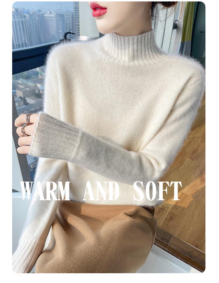 Women's Autumn/Winter Wool Sweater, Half High Neck, Loose Fit, Knit Base Layer, Seven Gauge, Thickened