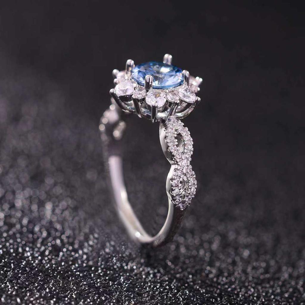 Vintage Inspired Blue Sapphire Halo Ring | Paved Cubic Zirconia CopperBand | Promise Engagement Jewelry Gift for Her