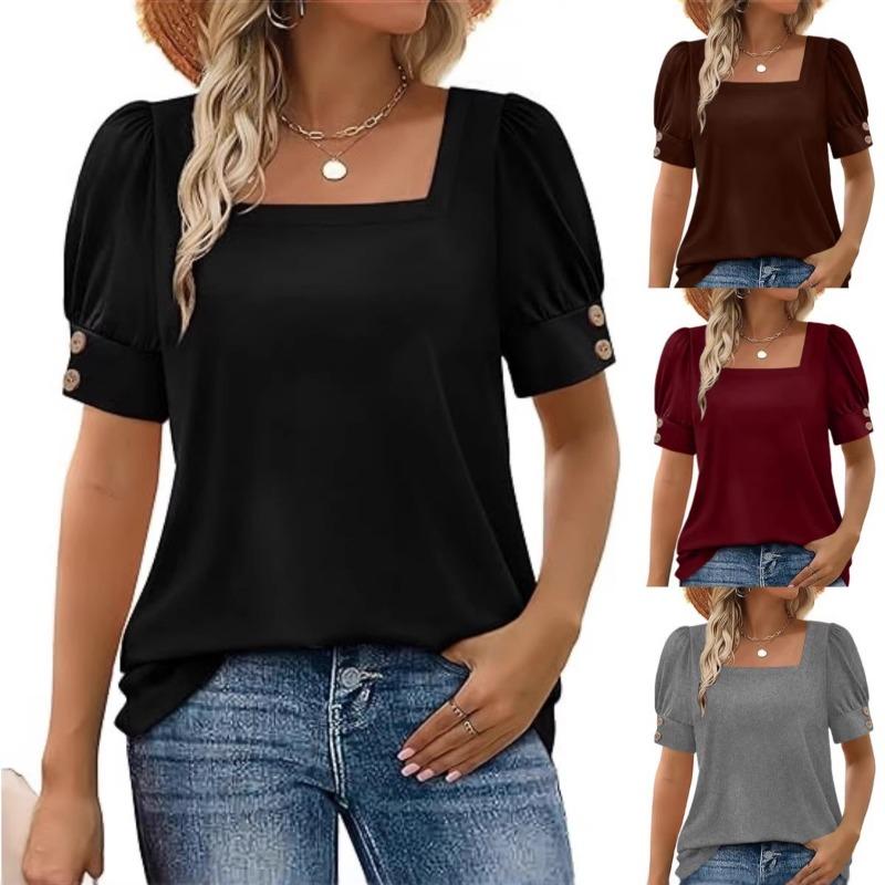 Womens Square Neck Puff Short Sleeve Blouse