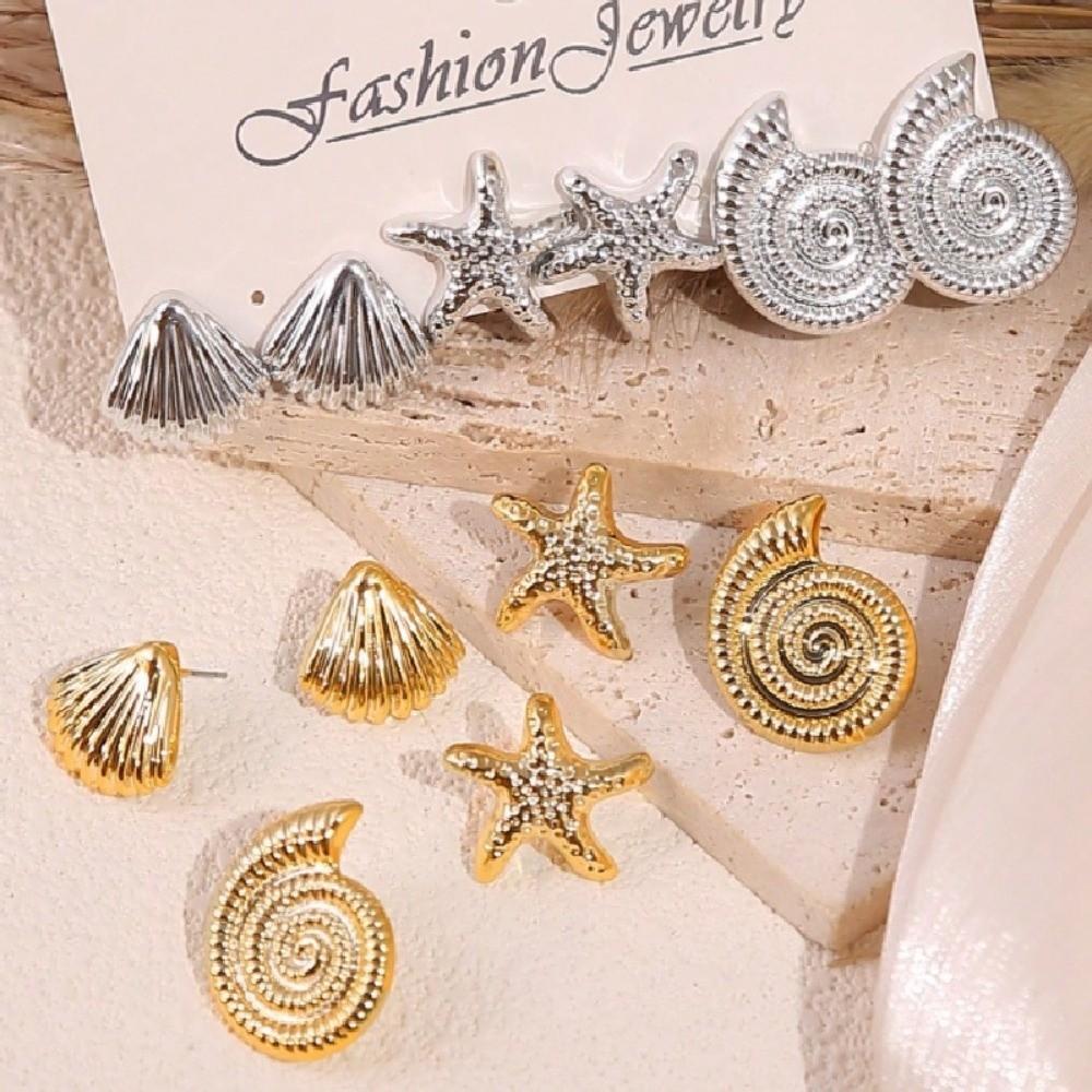 Starfish Starfish Earrings Golden Seashell Dangle Earrings Retro C-Shape Earrings Set  Summer