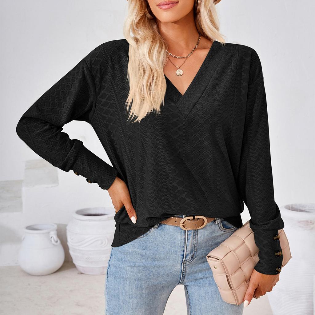 Women's Casual Fashion Colour V-Neck T-Shirt Button Decoration Loose Top