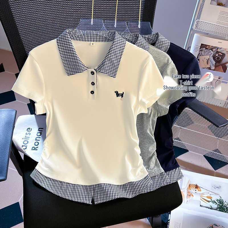 Camiseta de Manga Corta a Cuadros con Solapa para Mujer Talla Grande - Top de Moda Estilo Universitario Adelgazante Verano 2025