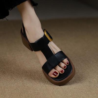 British Style Retro One-word Sandals Women's Summer Middle Heel 2025 New Open-toed Belt Buckle Thick Heel Roman Sandals