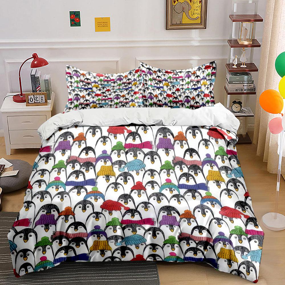 "Penguin Print Three-Piece Set" Bedding Set with 1 Duvet Cover 2 Pillowcases Single Double King Queen Gift