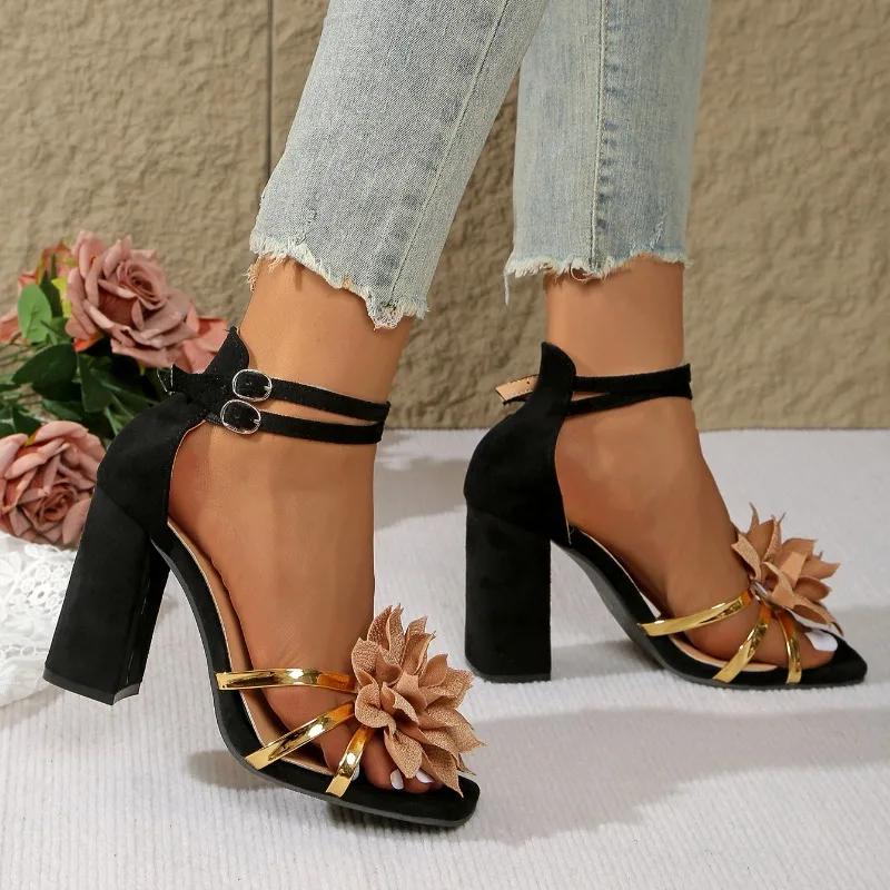 Women's Square Head Open Toe Flower Fine Strap Non-slip Wear Resistant Chunky Heels Party Super High Heel Sandals