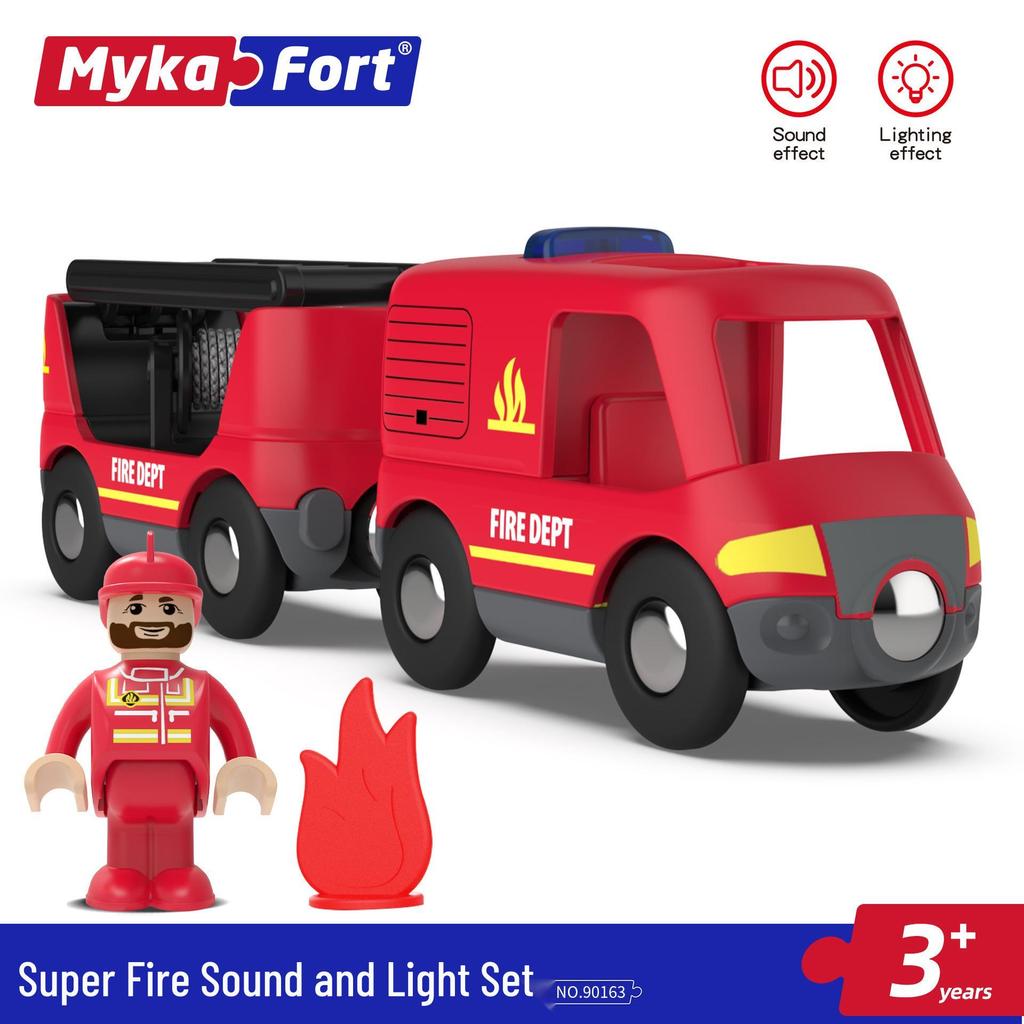 Mykafu Sound & Light Firefighting Toy with Wooden Track Scene for Kids