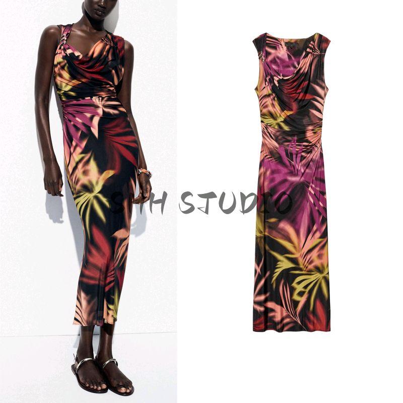 Summer New Product Women's Clothes French Pleated Draped Collar Sleeveless Gold Inlay Print Midi Skirt Dress 7963361