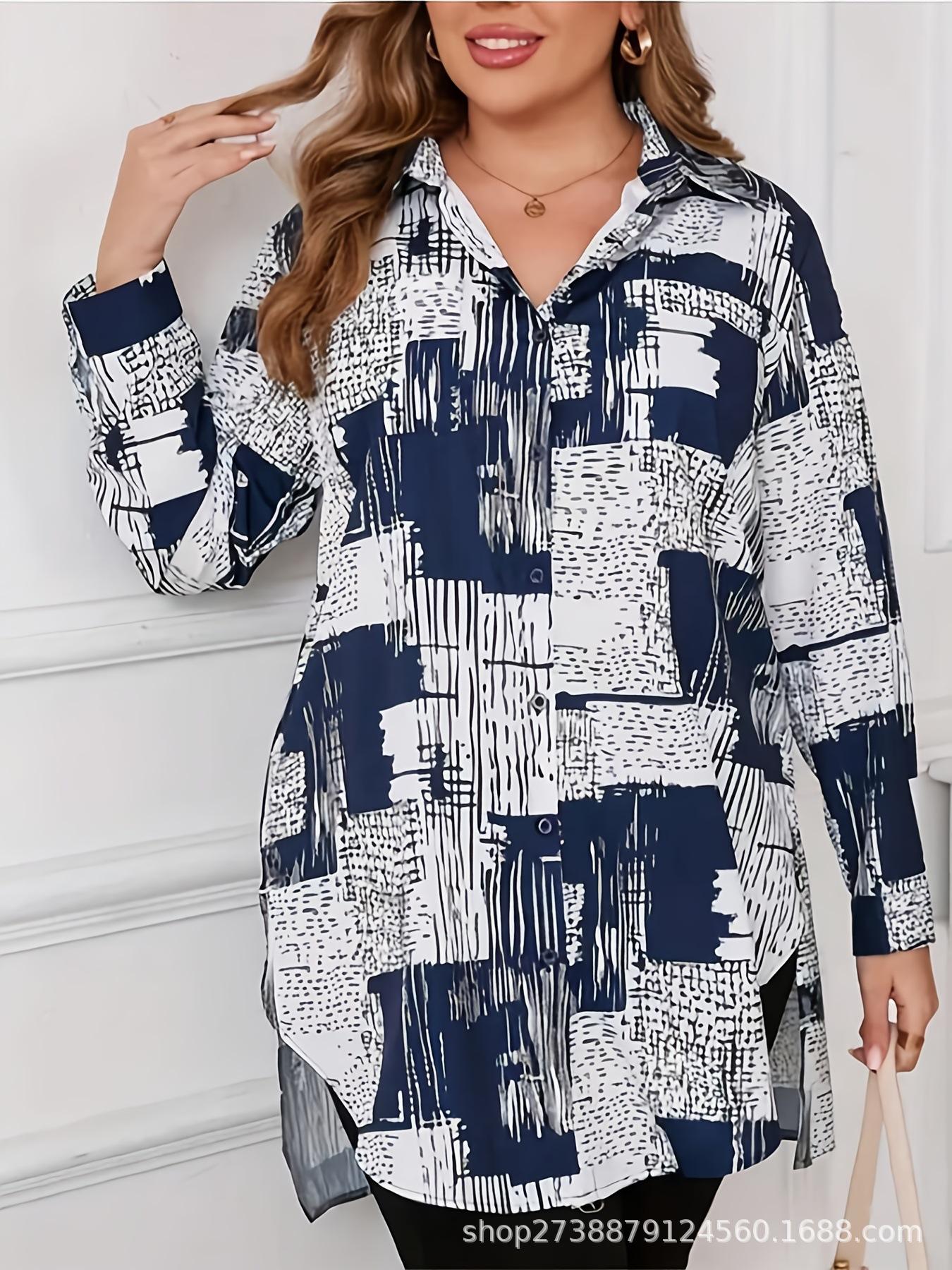 European & American Plus Size Women s Irregular Print Long Sleeve Shirt - 2026 Spring/Summer Fashion Collection 4XL