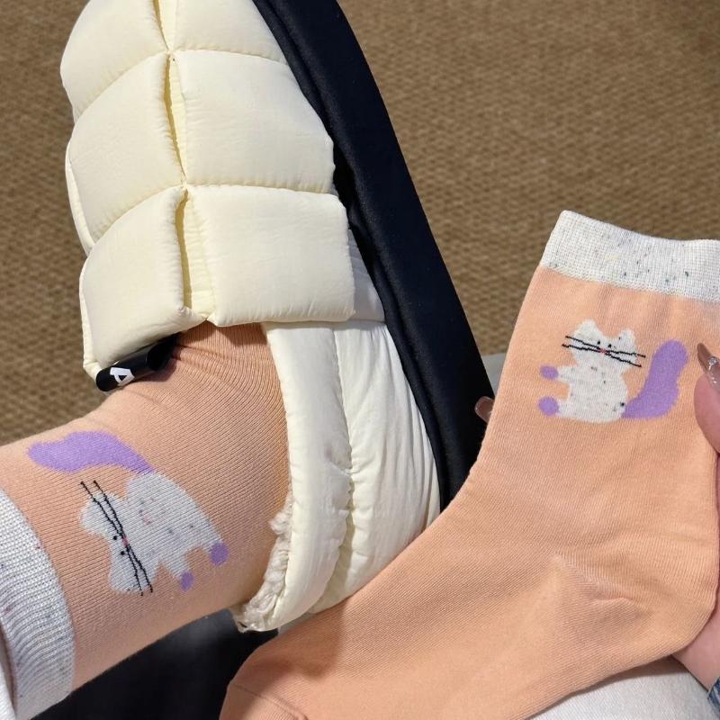 Cute Cat Socks for Women Trendy Soft Breathable Mid-tube Socks Korean Style Cartoon Student Socks