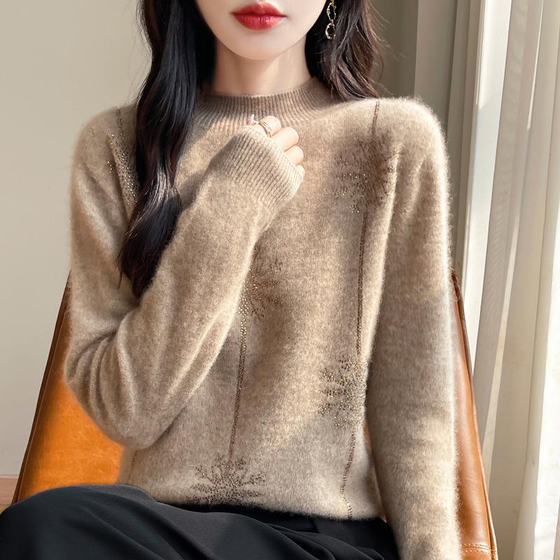 Women's Knitted Sweater with Inlaid Diamonds - Half-High Collar, Heavyweight for Autumn/Winter, Christmas Inner Wear.